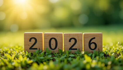 Wooden blocks display the year 2026, nestled in vibrant green grass under warm sunlight, symbolizing a fresh start, growth, and the anticipation of a bright future with new beginnings and renewed hope
