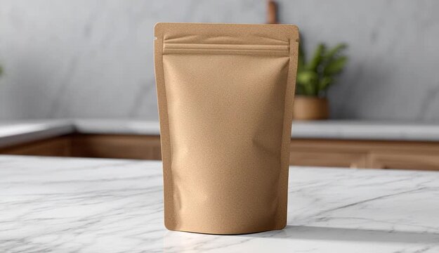 Brown kraft stand-up pouch mockup on white marble surface in kitchen interior with soft light for product branding or packaging design presentation.