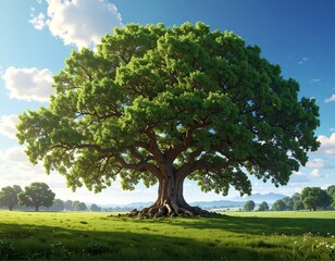 Fototapeta premium A majestic, mature tree stands proudly in a lush green field under a clear, sunny sky