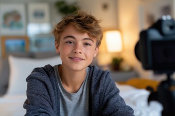 Young caucasian male teen vlogger recording content at home with camera