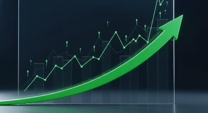 Green arrow pointing upwards on a stock market chart, indicating growth and positive trends in financial performance and investment
