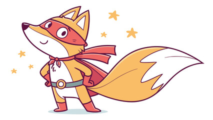 Confident cartoon superhero fox striking a heroic pose with a flowing cape and determined expression, surrounded by twinkling stars