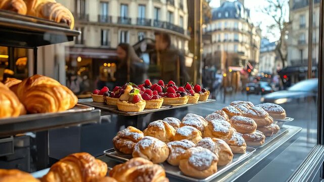 Parisian Pastries - Croissants  Desserts Displayed in a Bakery Window, Paris Street View.
