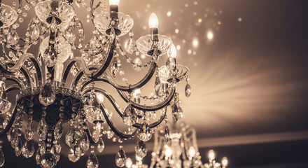 豪華に輝くクリスタルシャンデリアのクローズアップ
