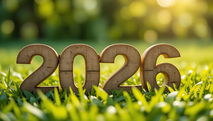 Wooden numbers '2026' nestled in vibrant green grass under warm, golden sunlight, symbolizing a fresh start, future aspirations, and environmental harmony