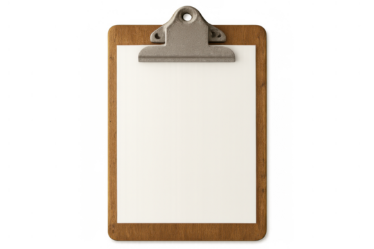 Wooden clipboard holding a blank white paper sheet, ready for adding text, notes, planning, or a checklist, with transparent background