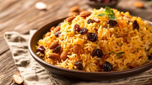 Close-up of a brown bowl of rice pilaf with almonds and raisins, garnished with a sprig of mint
