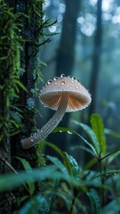 Forest mushroom with dew drops on a mossy tree trunk in misty woods