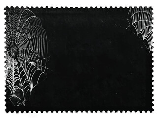 Spider web isolated on black postage stamp. Cobweb frame. Halloween party. Texture of spider web. Halloween decoration. Gothic style Copy space	