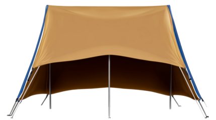 Brown and blue canvas camping shelter with support poles
