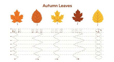 Autumn Leaves Tracing Worksheet, Fall Season Fine Motor Skill Activity for Preschool Kids with Cute Leaf Illustrations and Dashed Line Paths