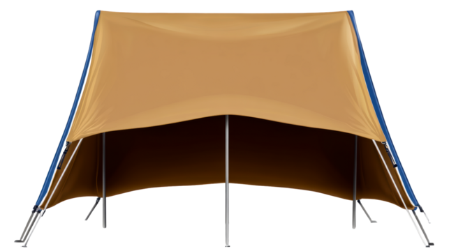 Brown and blue canvas camping shelter with support poles