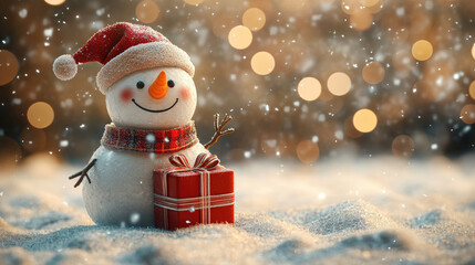 funny cheerful Christmas snowman wearing a hat holding a gift, holiday 3d character in playful pose isolated on christmas background bokeh with space for text, festive joyful scene