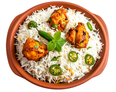 A top-view close-up of a clay handi filled with chicken biryani, showi 