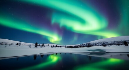 Magical green and purple aurora borealis dances across a starry night sky over a tranquil snowy landscape.