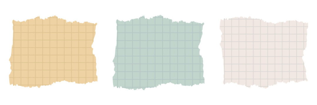 Torn grid paper textures in pastel colors. Set of three torn square grid paper textures in pastel shades, useful for scrapbooking and design backgrounds. Ripped checkered notebook pieces.

