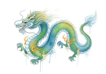 Obraz premium Watercolour illustration of an Asian imperial dragon in green and blue, representing mythology, strength, and Chinese culture against a white background