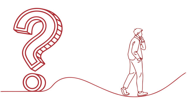 Thoughtful businessman contemplates a complex question while walking a precarious path toward a giant question mark symbol representing uncertainty and challenge.