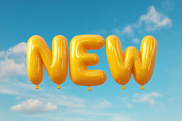 "NEW" Word in Yellow Balloons Floating in a Bright Blue Sky with Clouds - Fresh Start and Announcement Concept