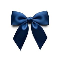 Naklejka premium A centered, dark blue satin ribbon bow with flowing tails, softly lit against a white background, evokes elegance and simplicity in a studio shot. 