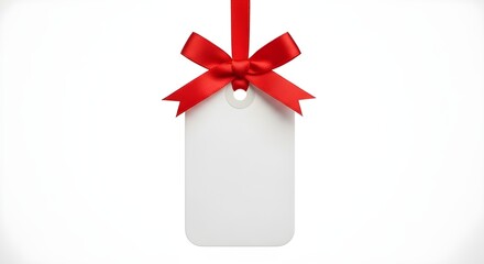 A white tag hangs diagonally from a red ribbon with a bow, against a bright white background, creating a clean, minimalist, and festive ambiance.
