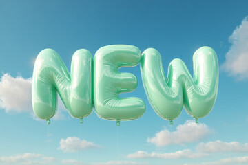 "NEW" Word in Ming Balloons Floating in a Bright Blue Sky with Clouds - Fresh Start and Announcement Concept
