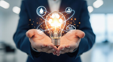 Sustainability innovation energy environment technology recycling renewable conservation efficiency eco friendly concept with glowing light bulb in business hand