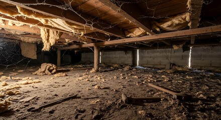 Crawlspace Interior with Dirt Floor and Support Beams.