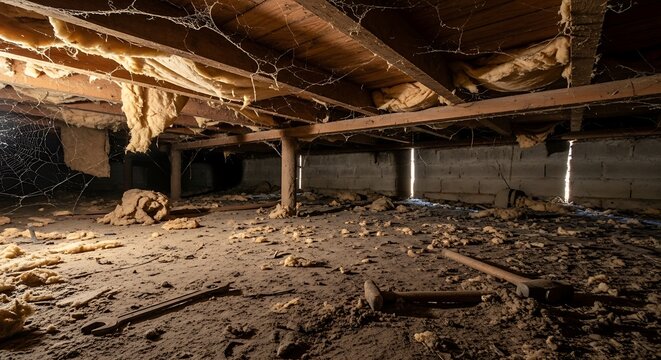Crawlspace Interior with Dirt Floor and Support Beams.