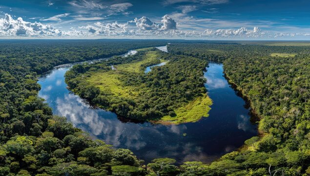 Aerial panorama of a winding river flowing through dense, lush green rainforest under a cloudy sky