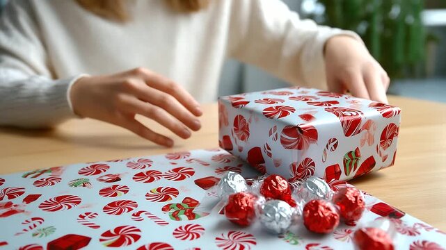 Headless shot showing person's torso near focused wrapping paper with repeating candy and gift motif, with copy space