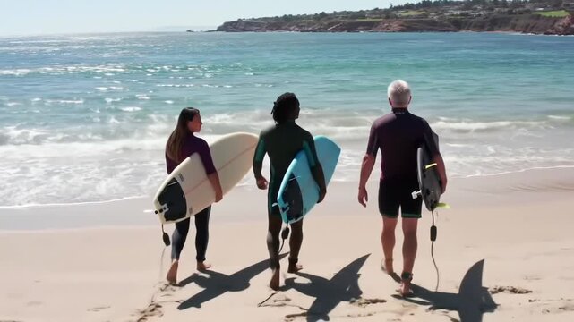 Three people in wetsuits carrying surfboards walk towards the ocean on a sunny beach, ready for a day of surfing.