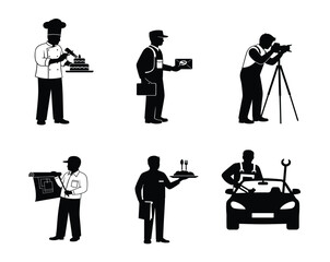 Profession silhouette set, black vector icons of chef, delivery person, photographer, architect, waiter, and mechanic