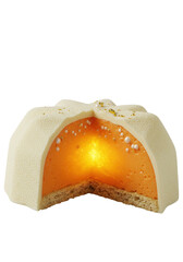 A meticulously sliced five-pointed 'Starburst Nova' dessert with a white chocolate shell revealing a luminous orange citrus-passionfruit mousse, edible sugar crystals, and gold dust, isolated on a