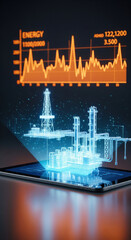 Futuristic digital oil refinery hologram with energy analytics graph, glowing blue and orange, displayed on tablet, representing innovation, technology, and industry progress