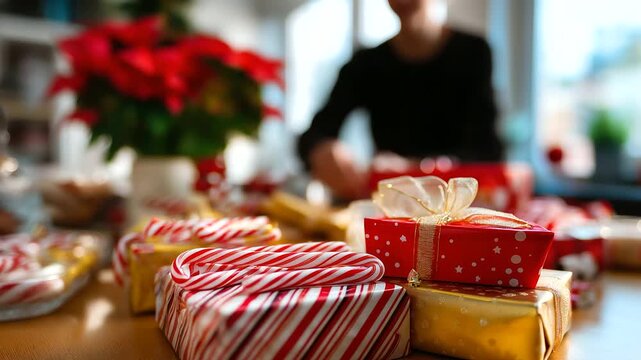 Defocused holiday crafter with sharp seamless pattern of candy canes and gifts on traditional colors in focus, with copy space