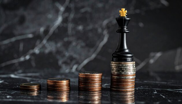  Chess piece (king) standing on coins, dark marble background, strategy and financial success concep