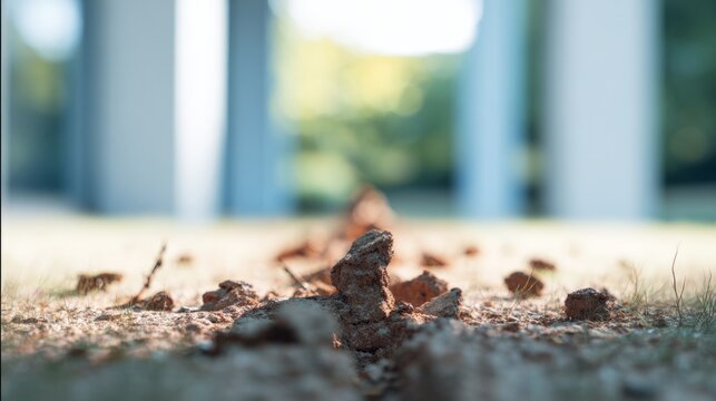 spodumene. Small depression in lawn with scattered soil fragments and textured ground. real-estate listings, architecture portfolios, designed for real-estate listing and luxury residence showcases.
