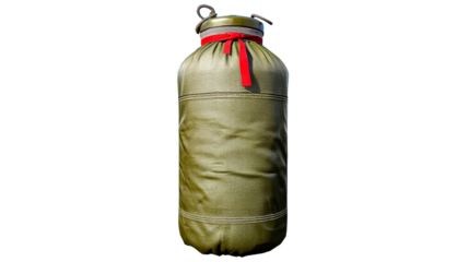 Olive green punching bag with red ribbon detail