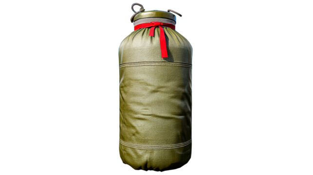 Olive green punching bag with red ribbon detail