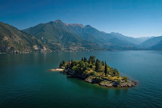 Aerial shot of island with trees, buildings, lake & mountain backdrop
