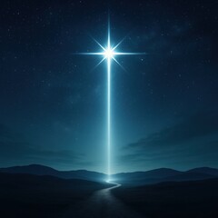 Fototapeta premium A Bright Celestial Star Shining Down a Radiant Beam of Light Across a Serene Night Landscape Under a Starry Sky