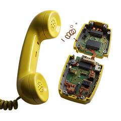 Macro shot of a deconstructed vintage yellow telephone handset revealing intricate internal mechanisms, copper wiring, and coiled cord on a transparent background, concept of precision engineering