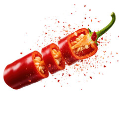 Fiery red chili pepper dynamically sliced open, revealing glistening interior, bursting seeds, and airborne fragments on a transparent background, concept of intense heat and flavor