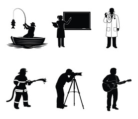 Profession silhouette set, black vector icons of fisherman, teacher, doctor, firefighter, photographer, and guitarist