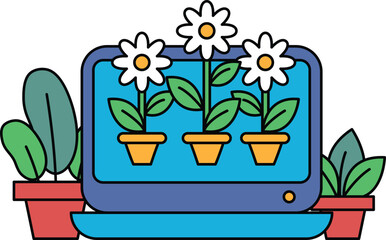 A laptop screen shows a drawing of three potted flowers