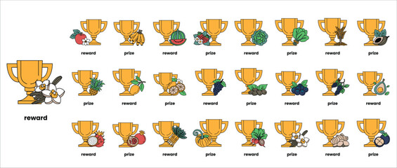 A row of golden cups with the word 