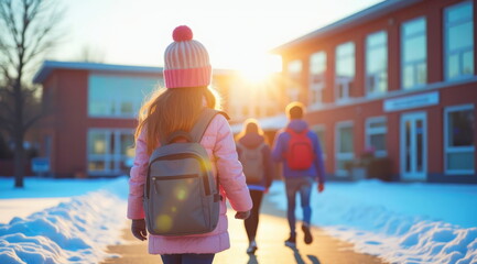 In winter, a little girl student, in a pink jacket and with a backpack, goes to elementary school