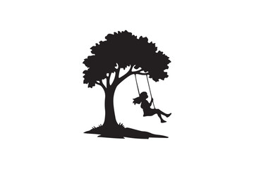 Girl on Swing Under Tree Silhouette Vector Illustration on White Background.