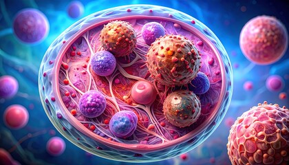 Microscopic view revealing cellular structures inside a translucent, spherical casing; vibrant, colorful details